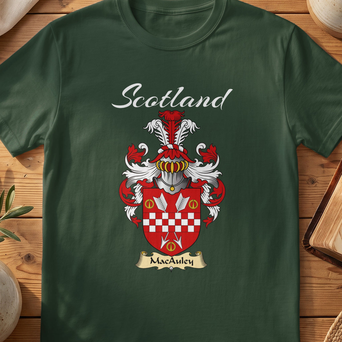 Forest Green MacAuley Scottish T-shirt featuring a red shield with a white checked band