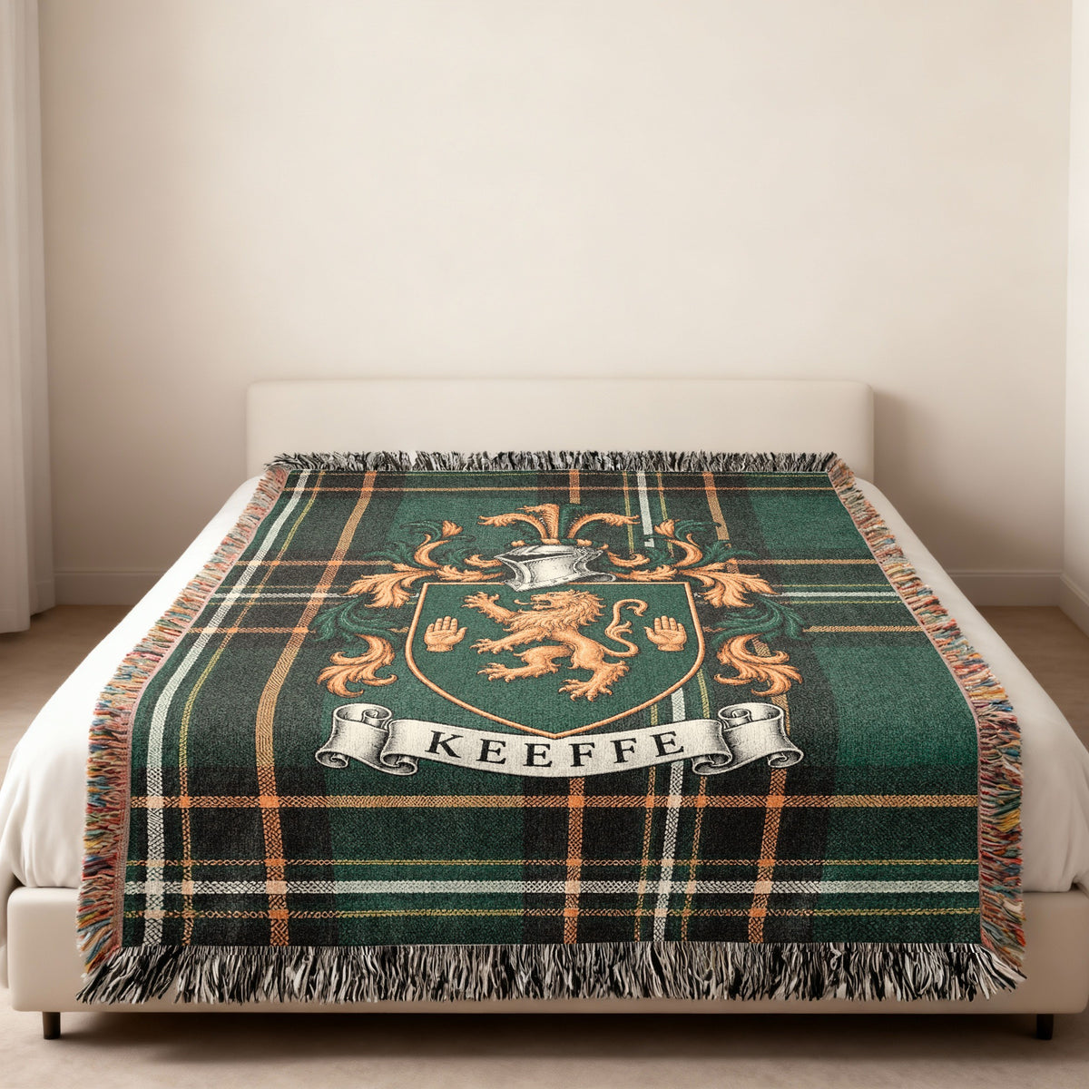 Keeffe Irish National Tartan family crest woven throw displayed in a home setting