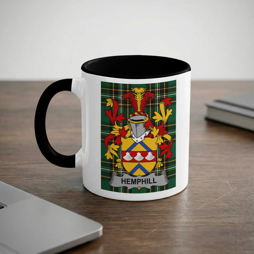 White mug with black handle displaying the Hemphill coat of arms.