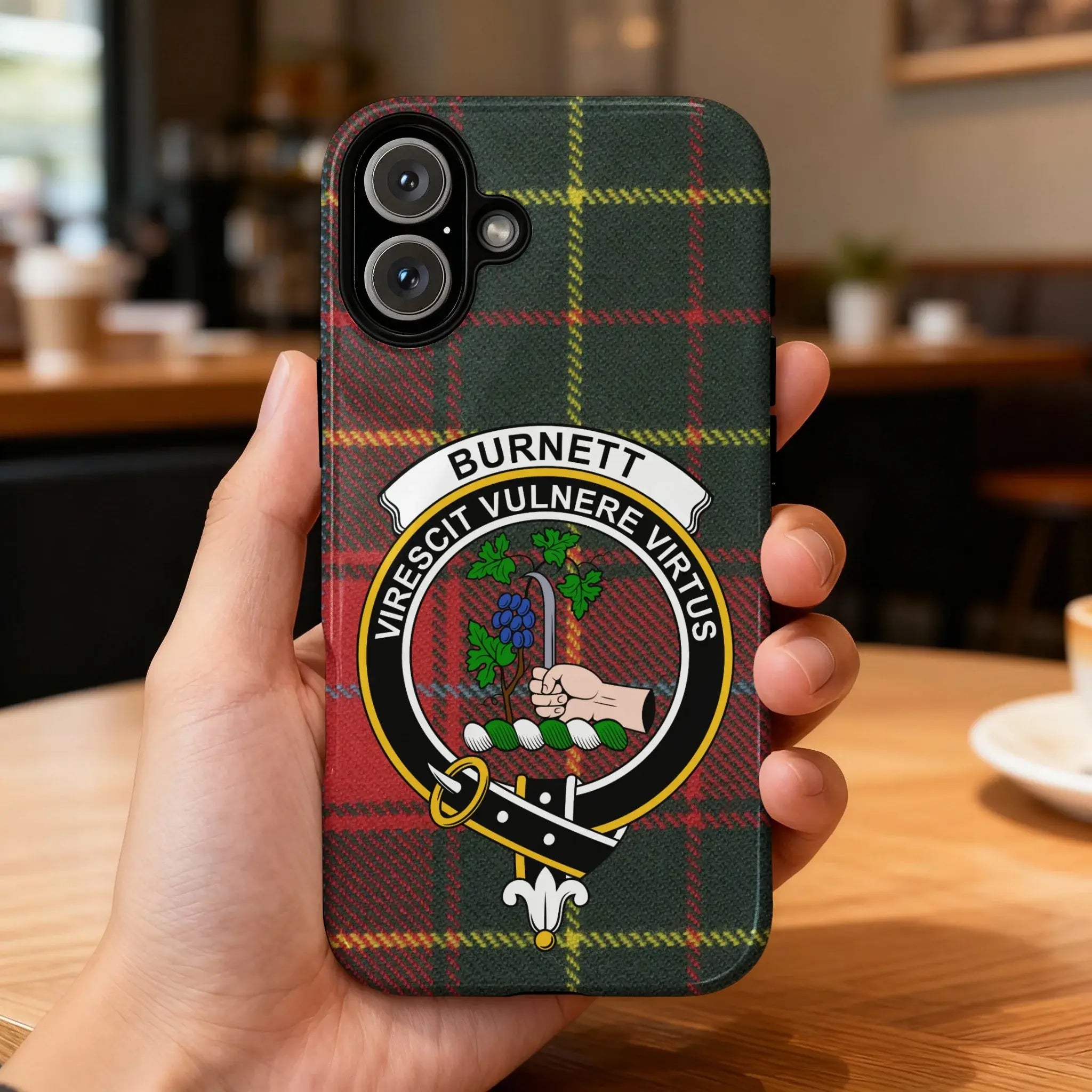 Clan Burnett tartan phone case — glossy finish, Virescit Vulnere Virtus crest design, front view