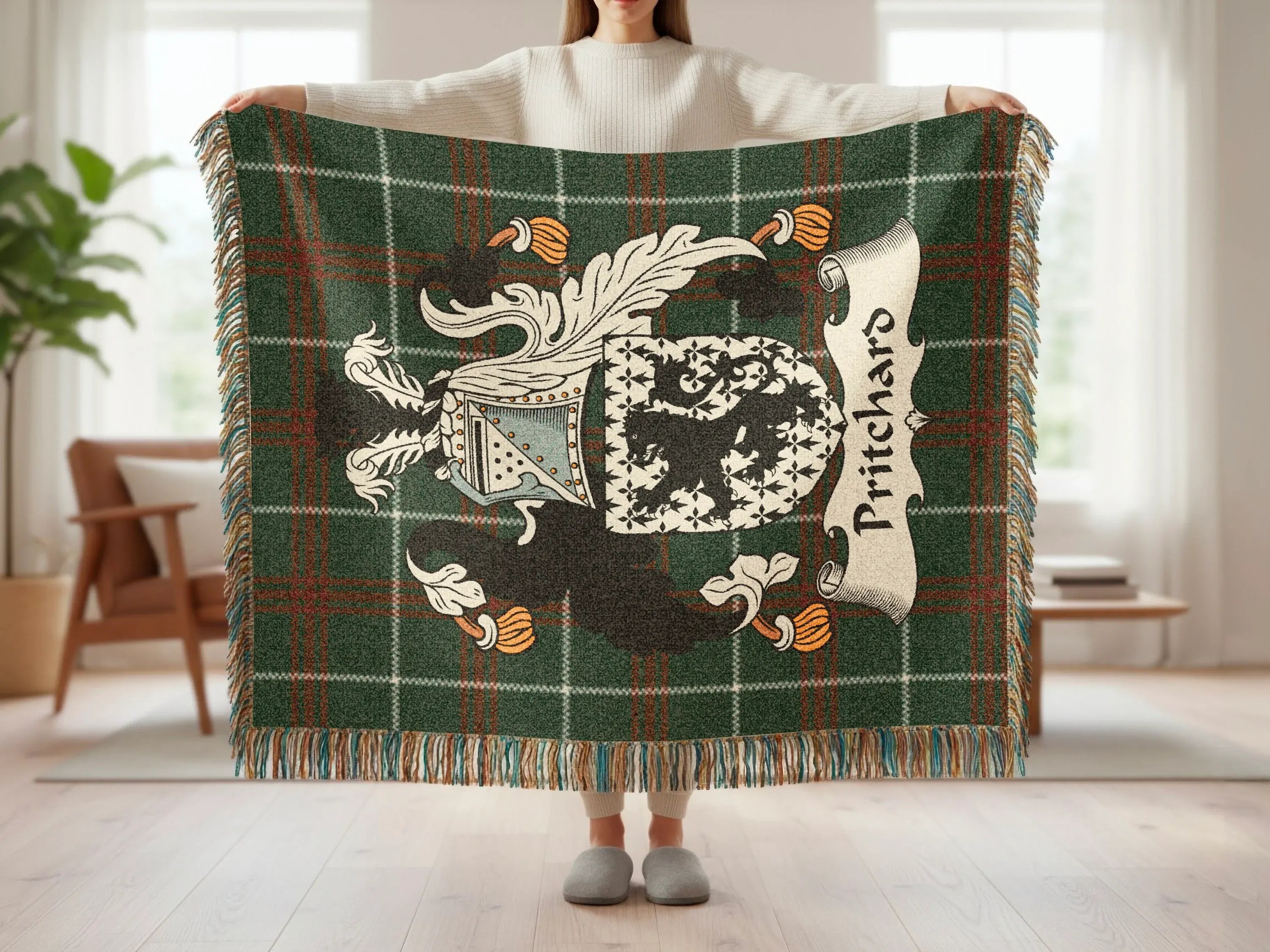 Pritchard family crest blanket with green tartan and fringe.