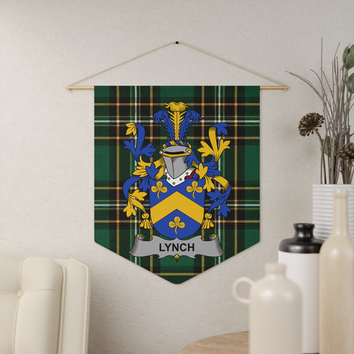 Lynch family crest on green tartan banner hanging on a wall.