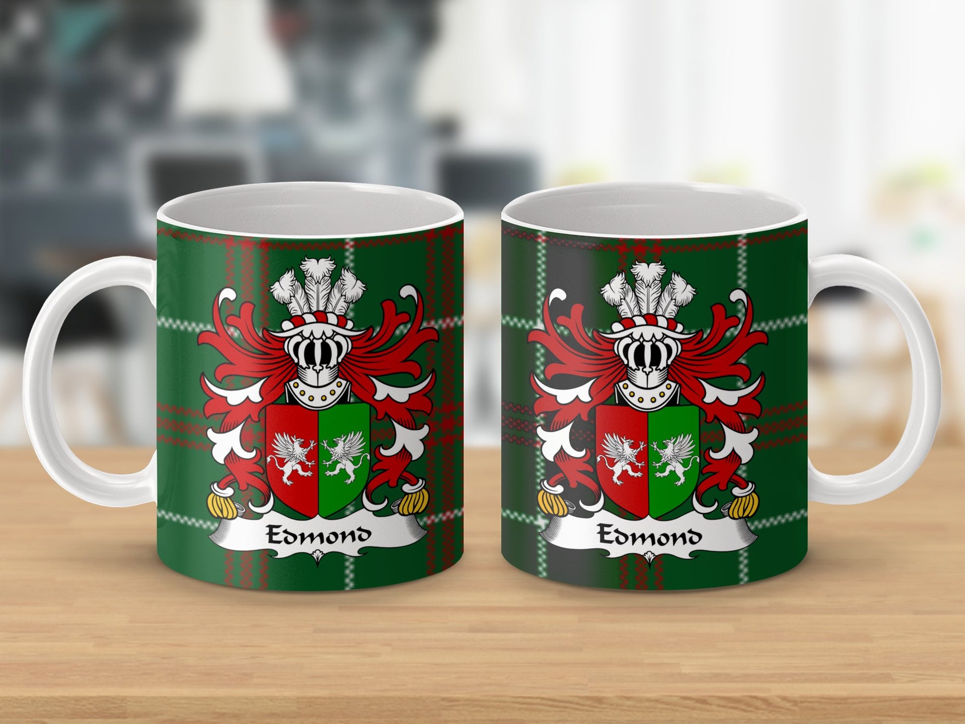 Edmond Welsh Surname Coat of Arms Tartan Background Mug - Living Stone Gifts