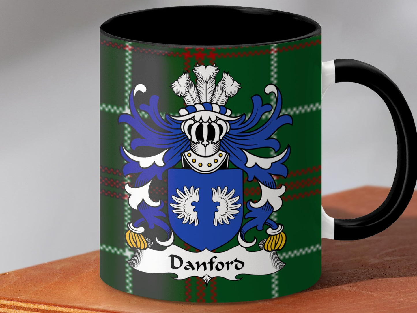 Danford Surname Coat of Arms on Welsh Tartan Mug - Living Stone Gifts