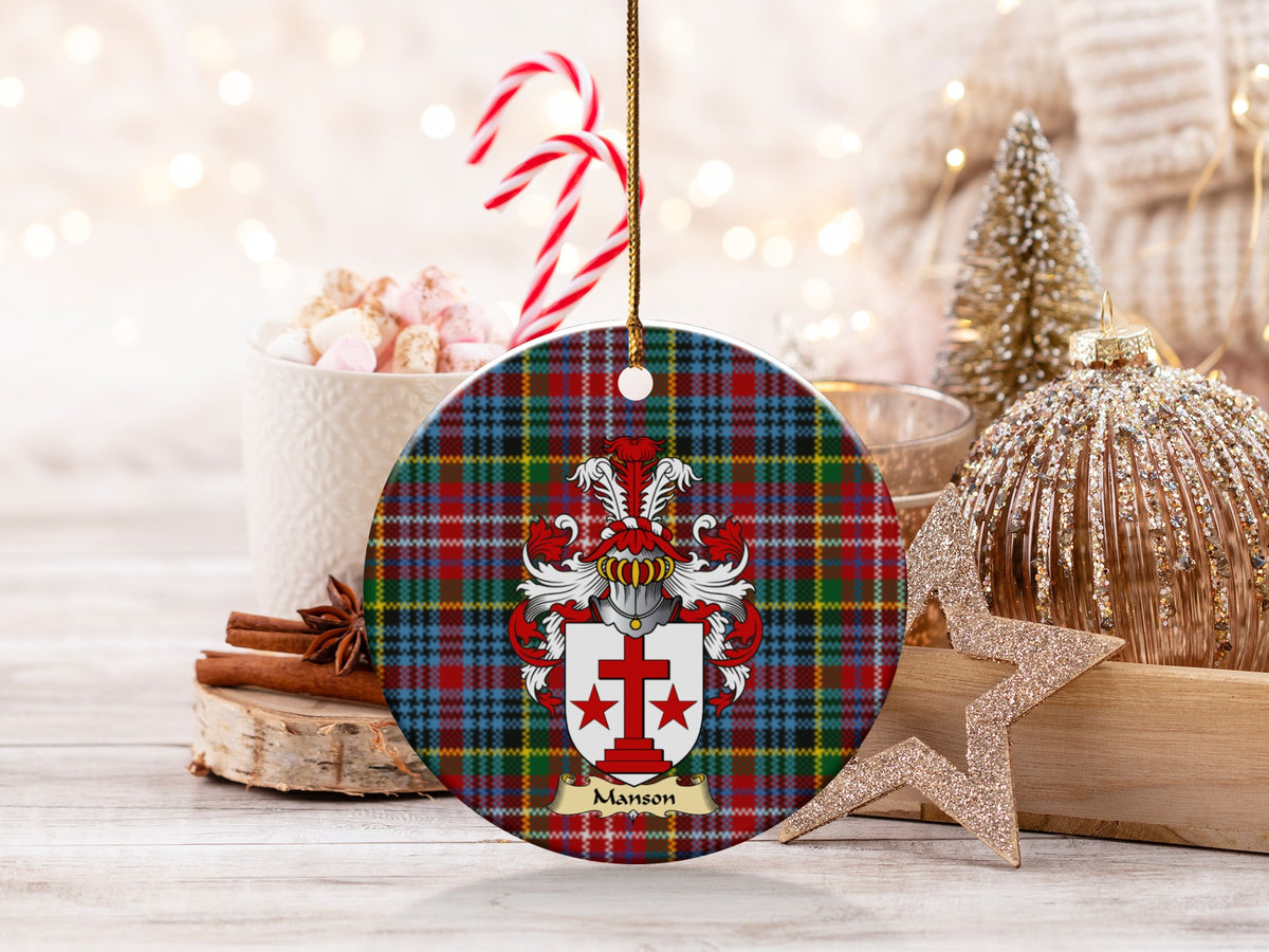 Double-sided Manson ceramic ornament with family shield and Caledonia tartan background