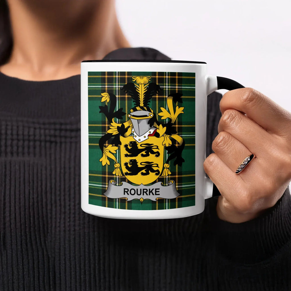 Rourke Irish heritage mug with black interior and surname crest