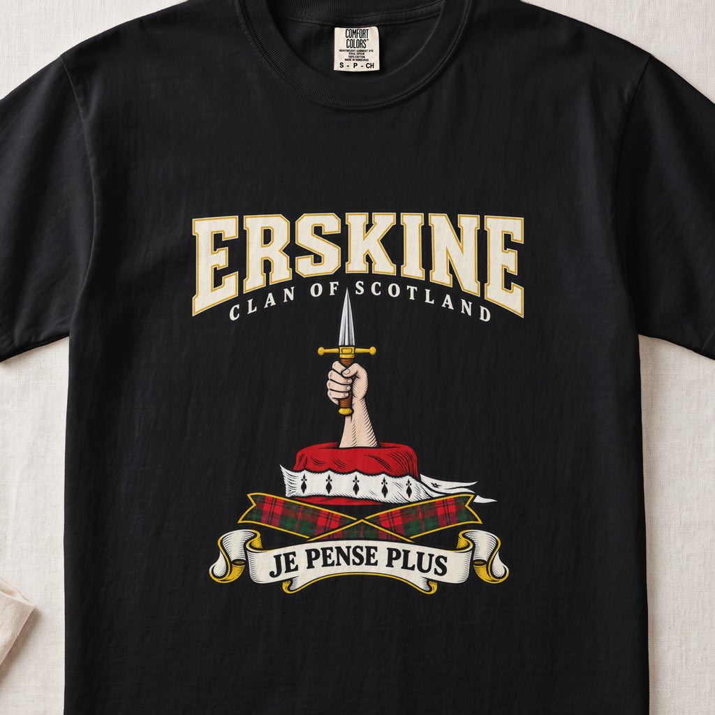 Erskine Scottish clan graphic T-shirt in Black, front view