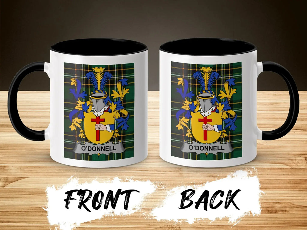 O'Donnell family crest on a black and white mug, front and back views.