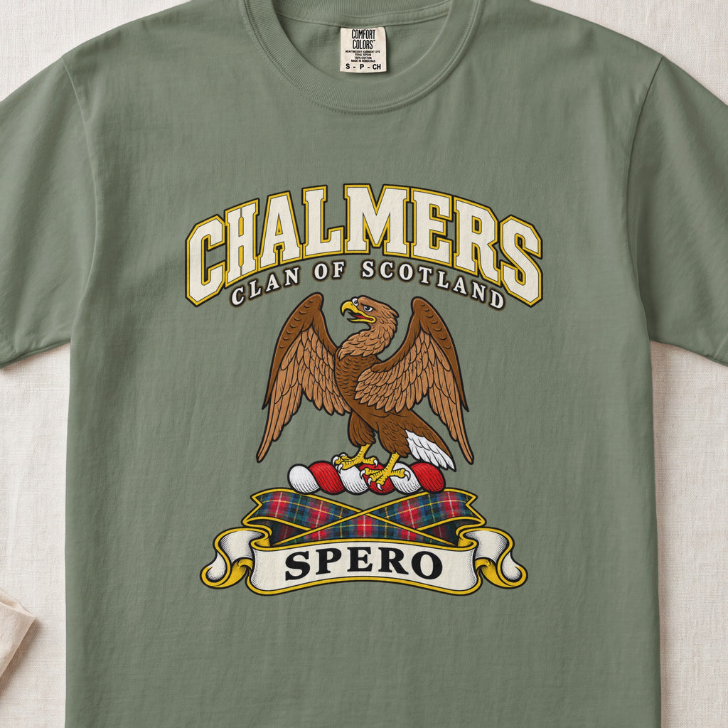 Chalmers Scottish clan T-shirt in Moss, front view with a brown eagle with raised wings and motto banner.