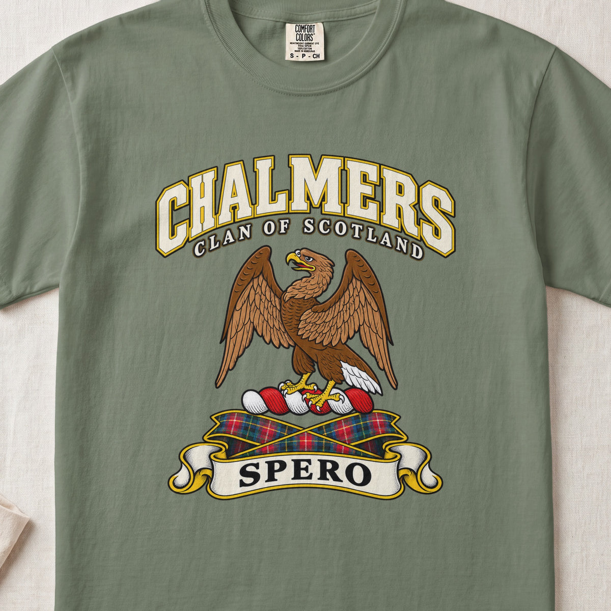Chalmers Scottish clan T-shirt in Moss, front view with a brown eagle with raised wings and motto banner.