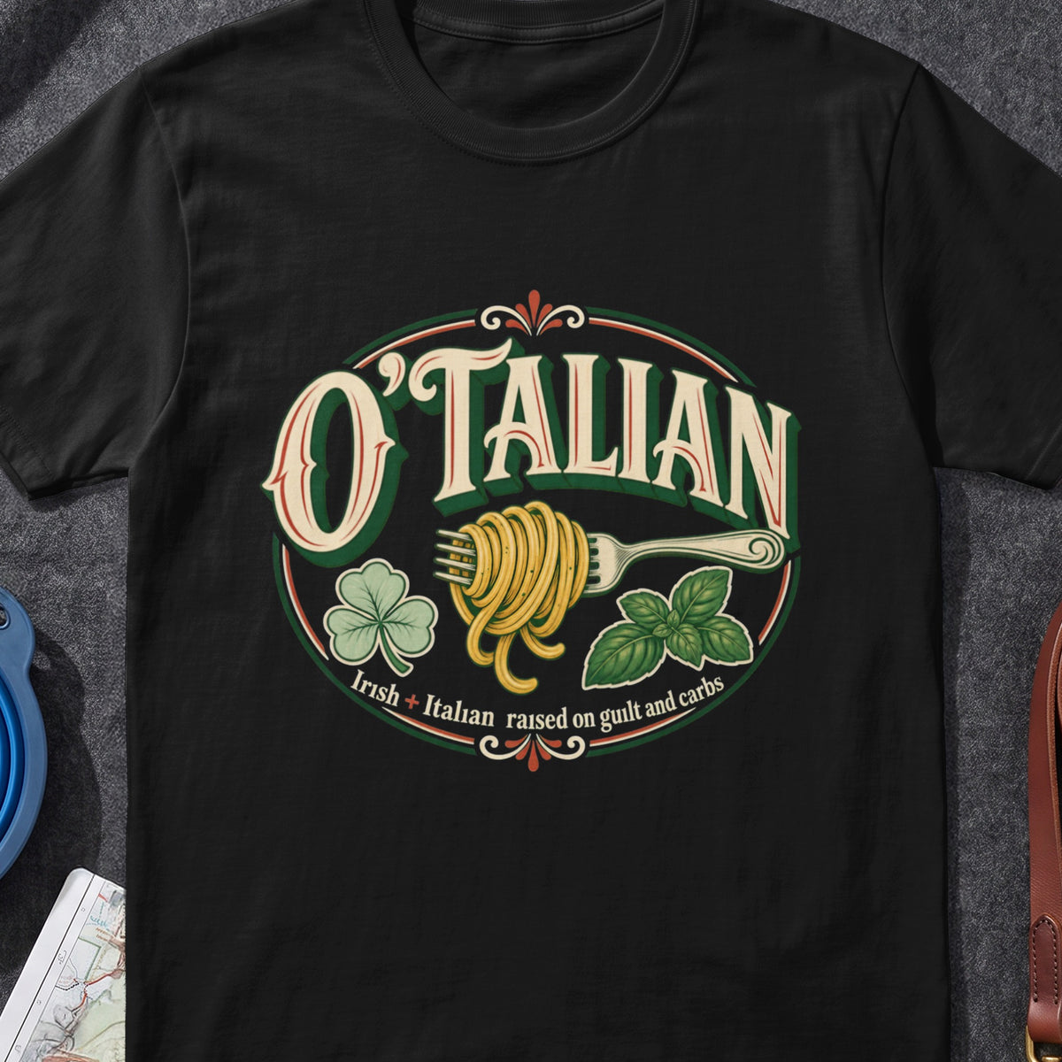 O'Talian Irish Italian Irish graphic T-shirt in Black, flat-lay mockup