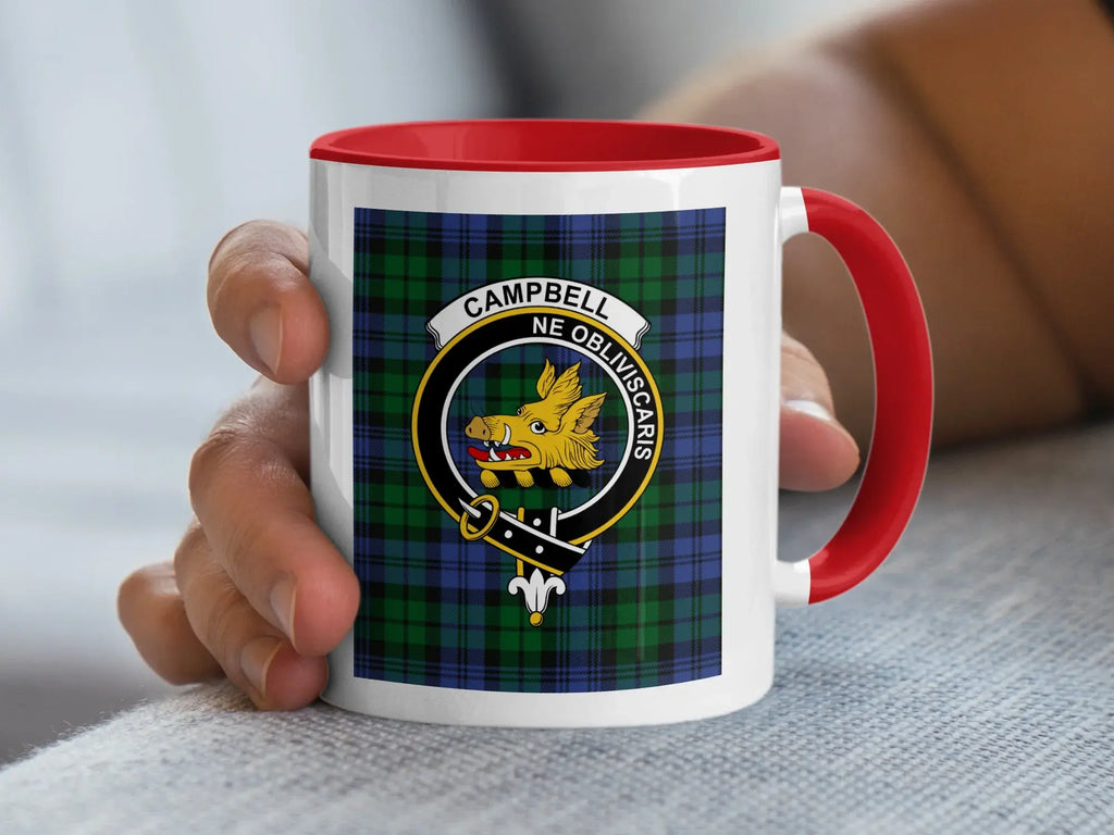 Campbell tartan accent mug in navy — boar's head crest and Ne Obliviscaris on white ceramic