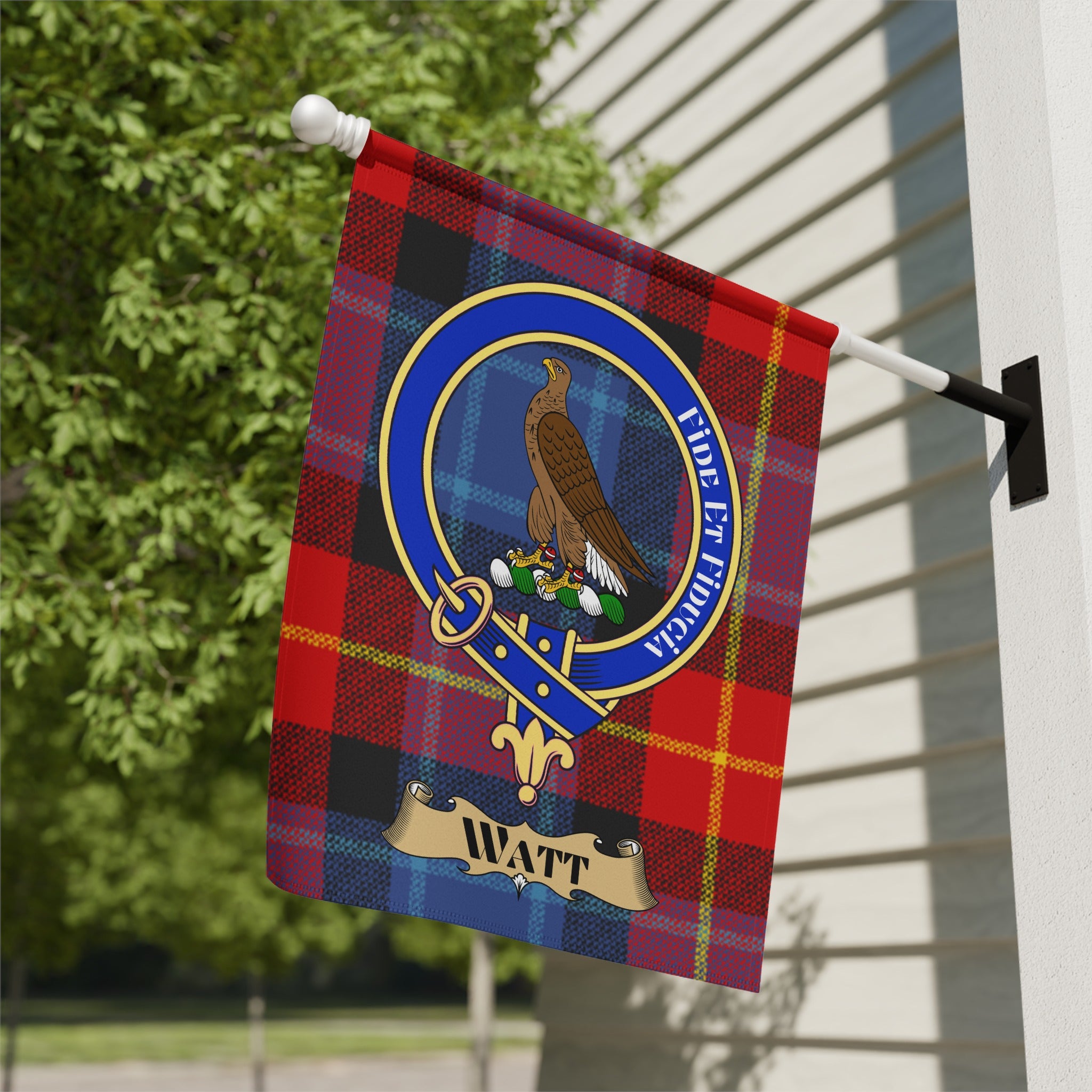 Watt clan crest tartan garden flag with rising eagle and Fide et Fiducia motto