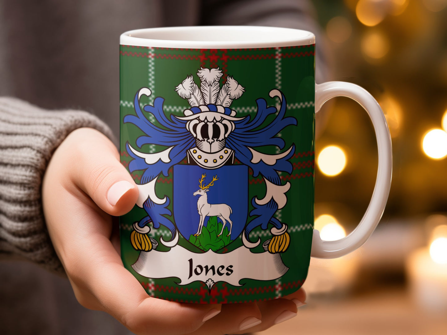 Jones Family Crest on Tartan Background Mug - Living Stone Gifts