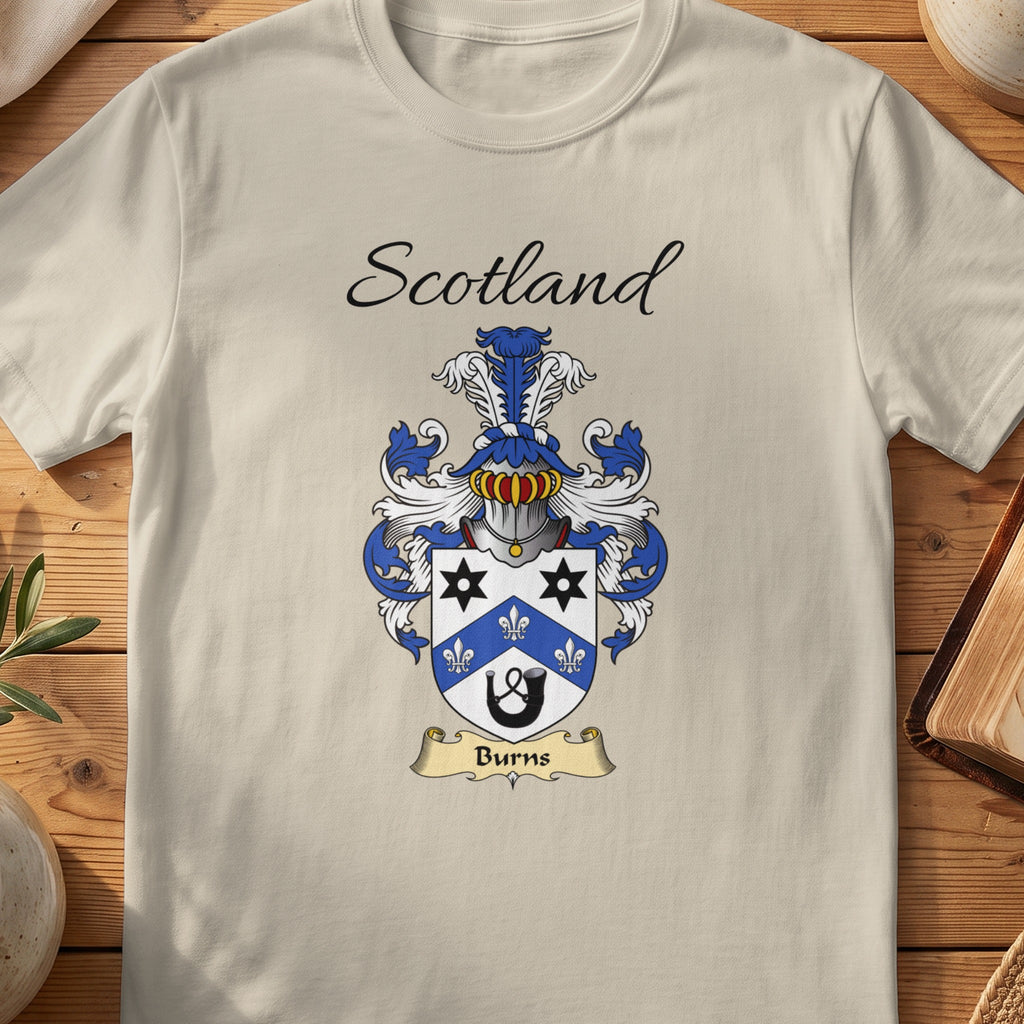 Sand Burns Scottish family shield T-shirt featuring a blue chevron between black star motifs