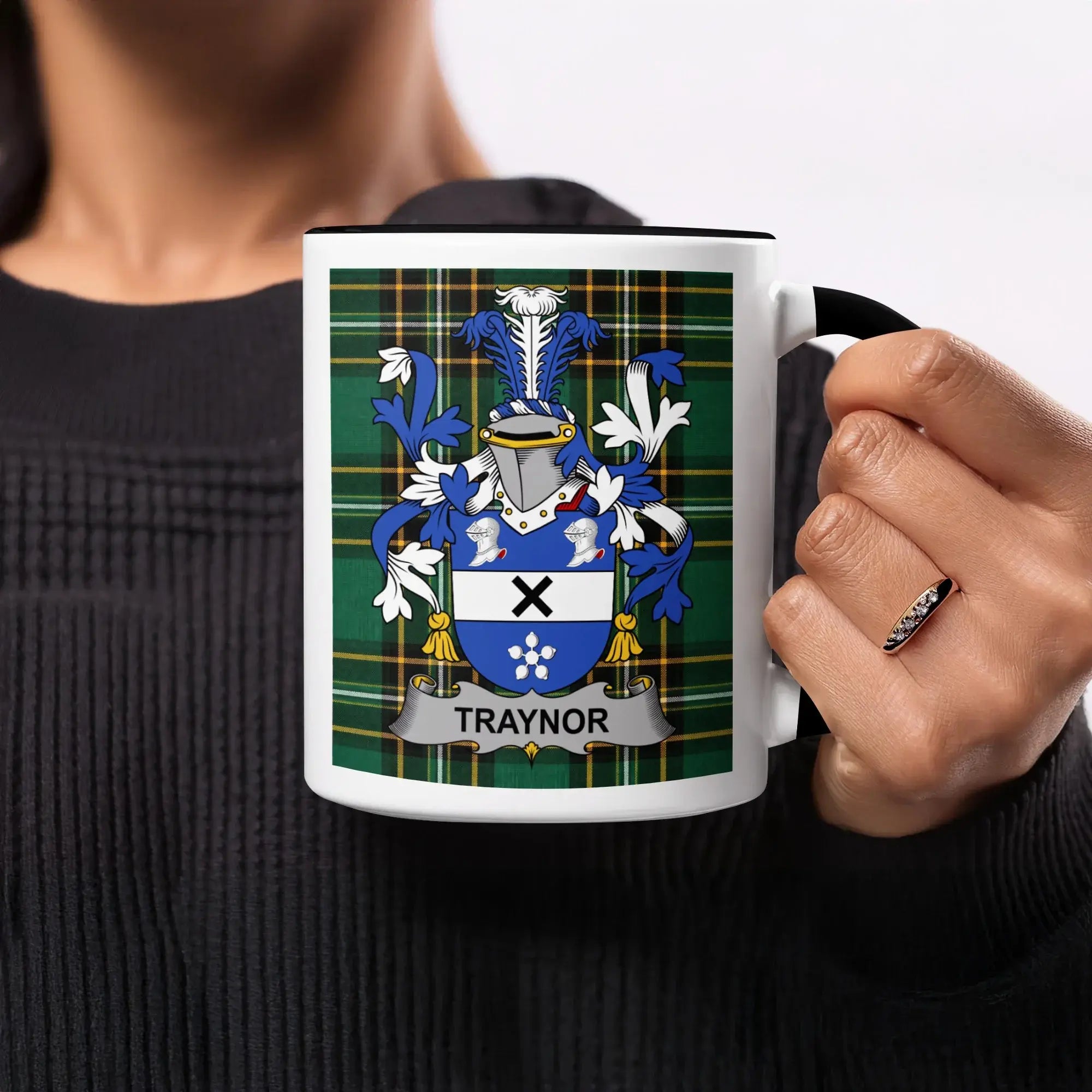Tartan pattern mug with the Traynor family crest and name.