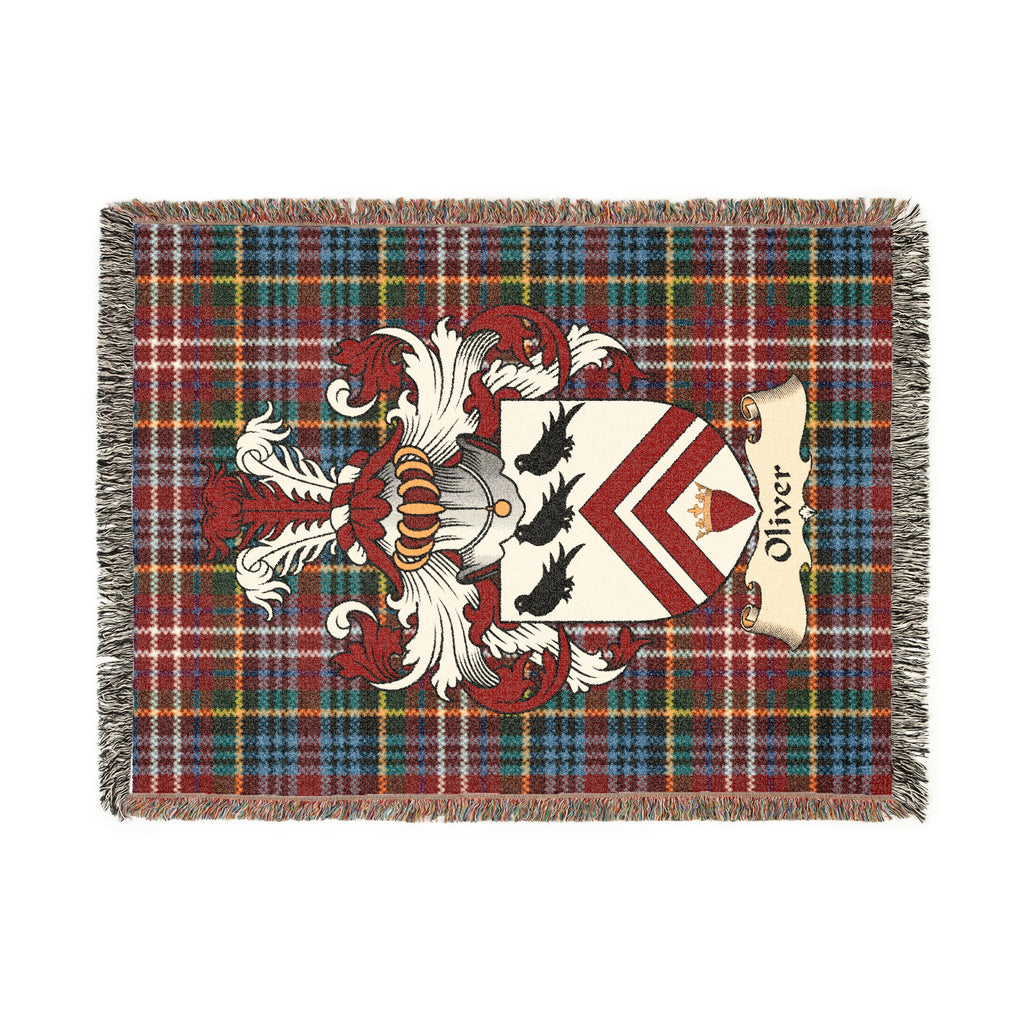 Oliver Scottish woven blanket with family shield and Caledonia tartan background