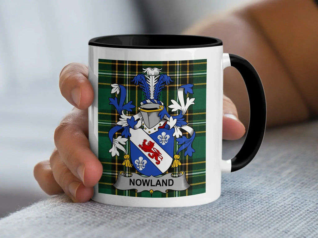 Nowland Irish Heritage Accent Mug with black handle and family crest