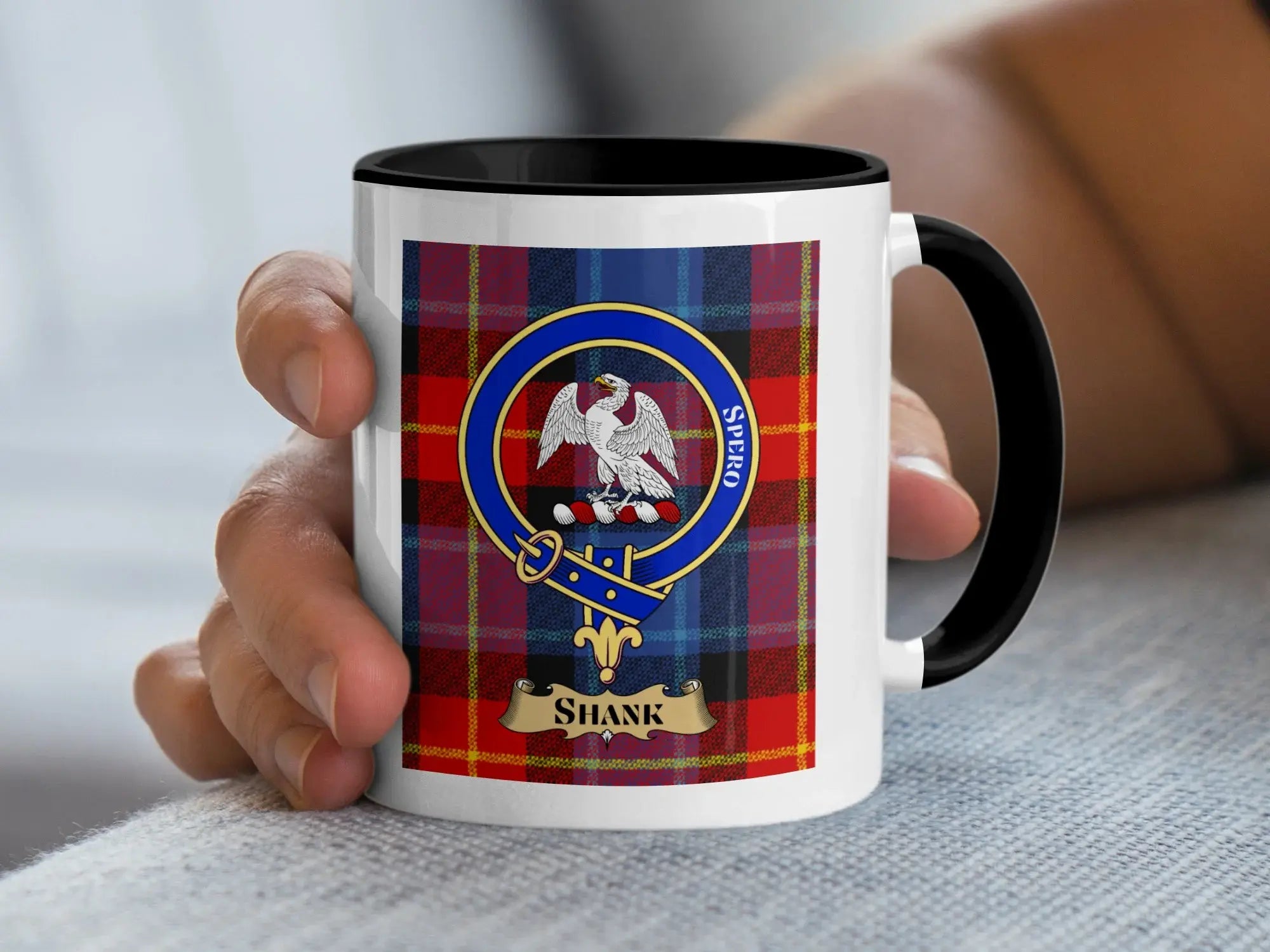 Shank tartan mug with a coloured accent handle and interior