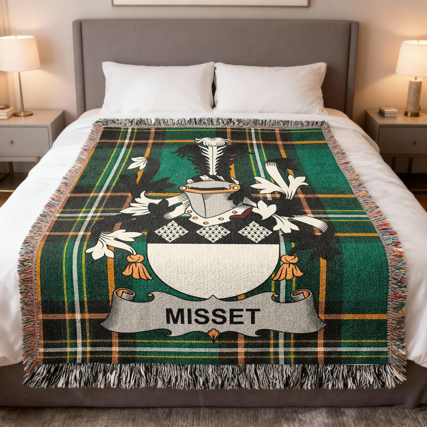 Green plaid blanket with a crest and "MISSET" banner.
