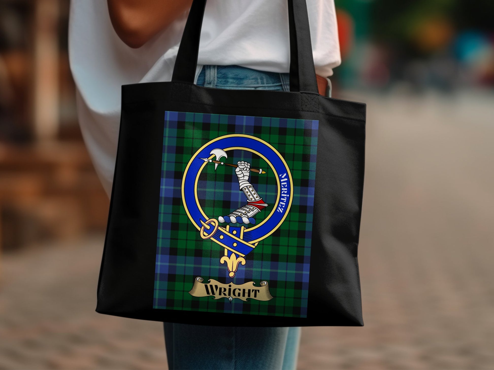 Scottish Clan Crest on Tartan Background Tote Bag - Living Stone Gifts