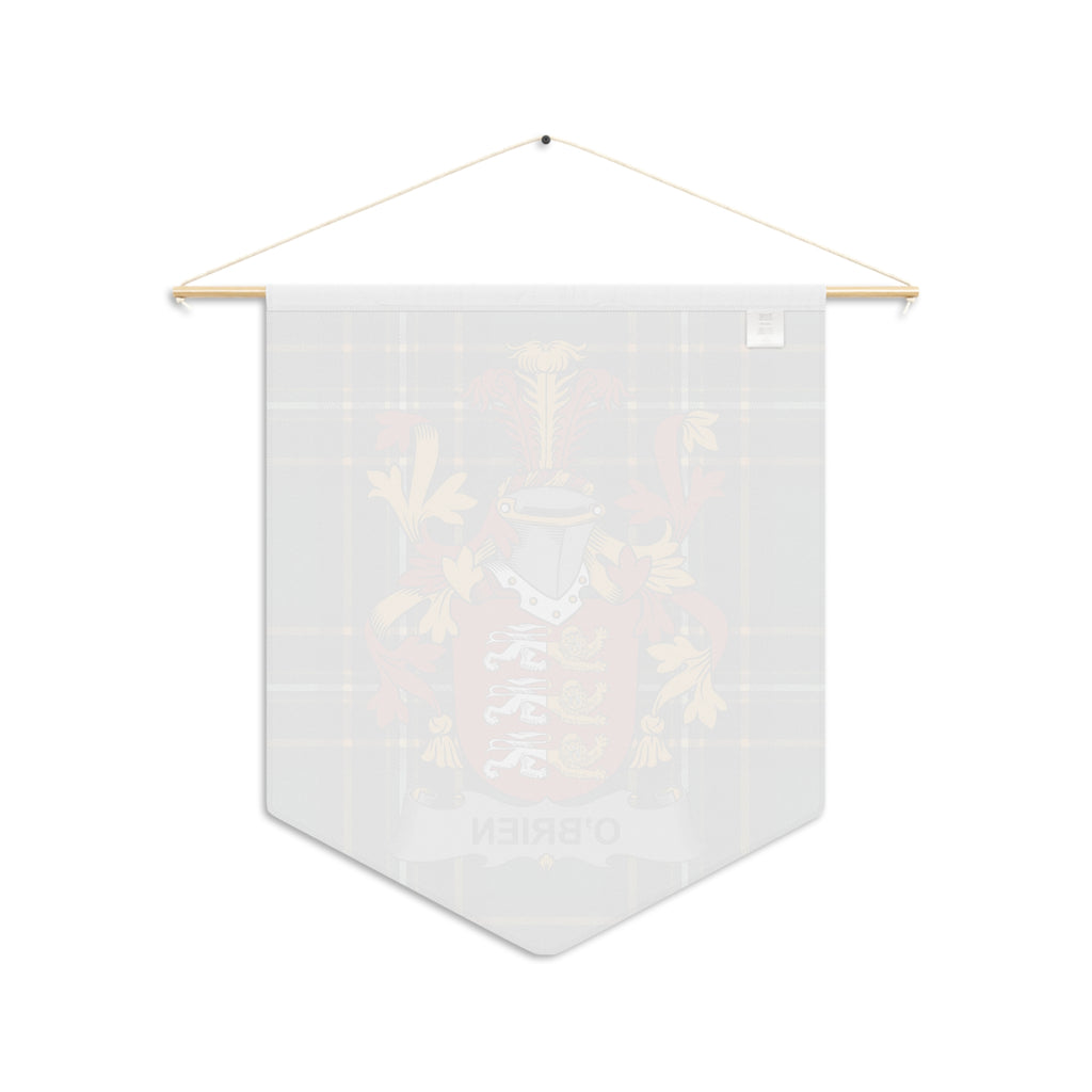 Pennant banner with O'BRIEN crest and plaid background, hung on a wooden dowel.