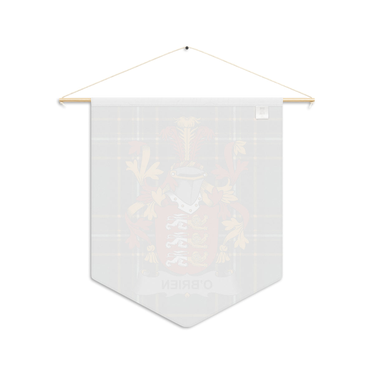 Pennant banner with O'BRIEN crest and plaid background, hung on a wooden dowel.