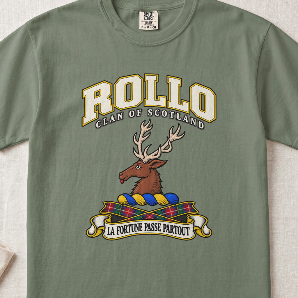 Rollo Scottish clan T-shirt in Moss, front view with a brown stag head with antlers and motto design.