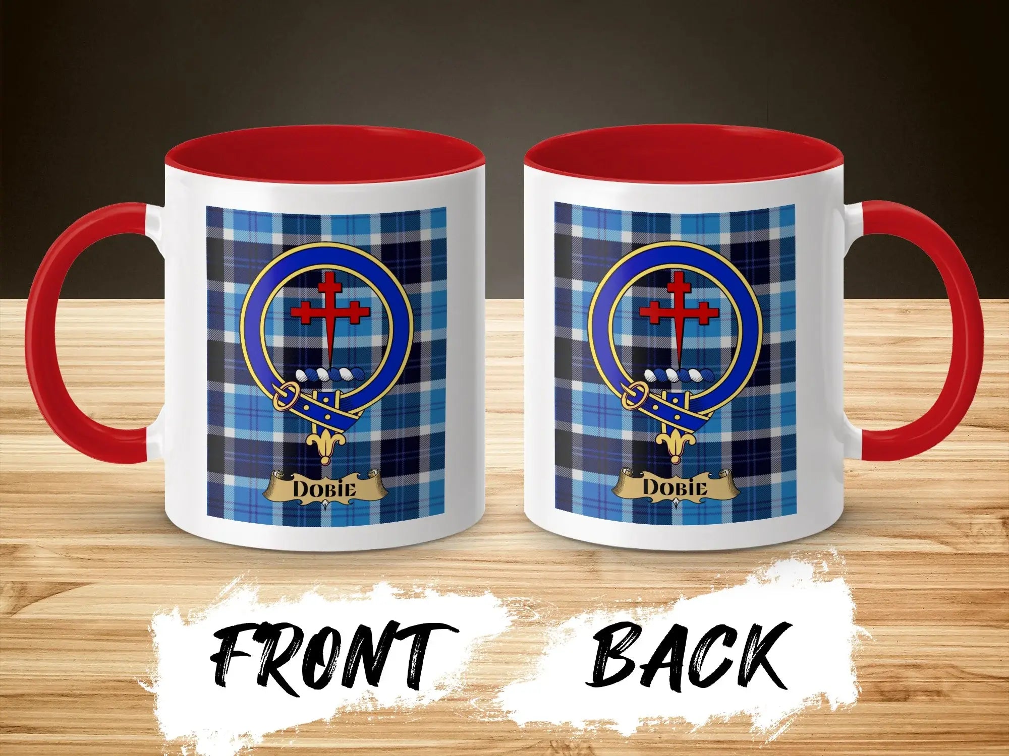 Dobie tartan-background crest mug shown as a Scottish heritage gift