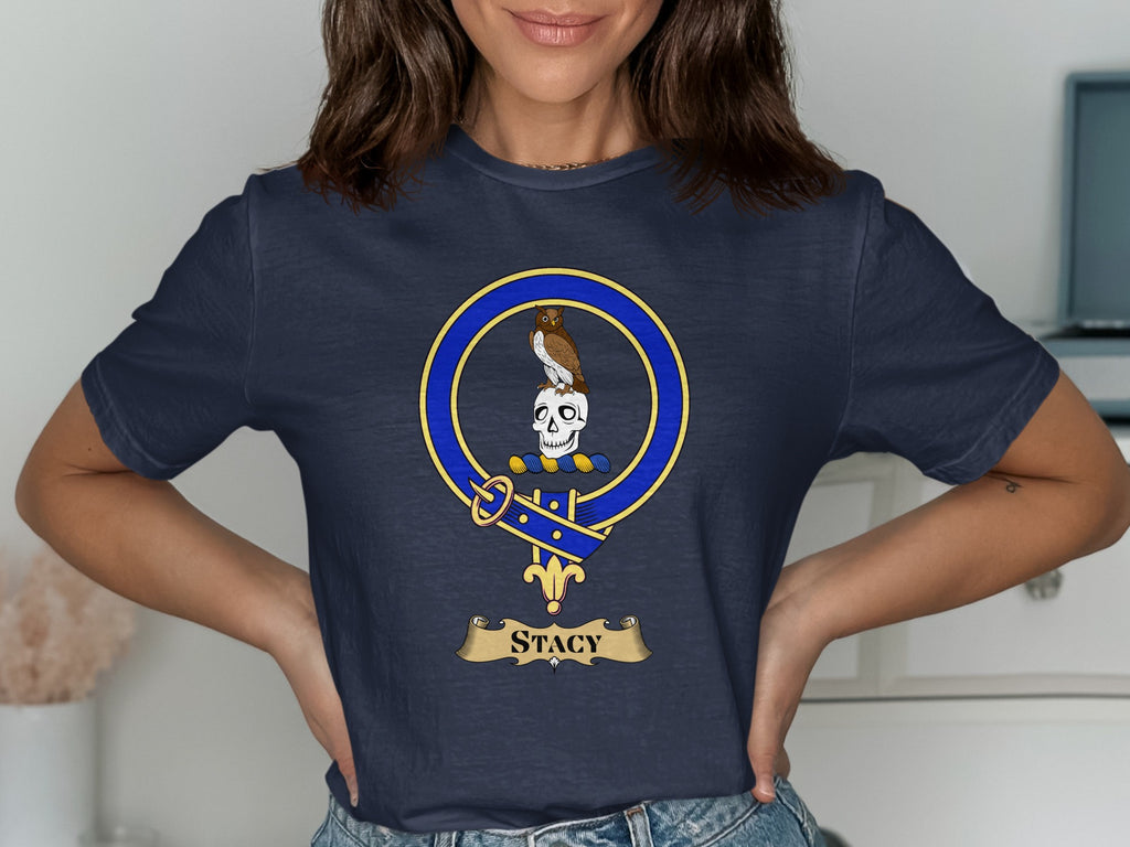 Stacy Scottish clan crest design on Navy T-shirt