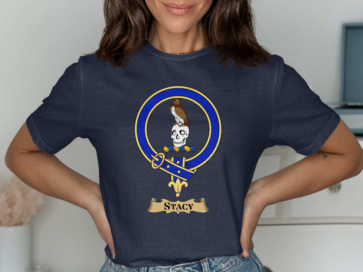 Stacy Scottish clan crest design on Navy T-shirt