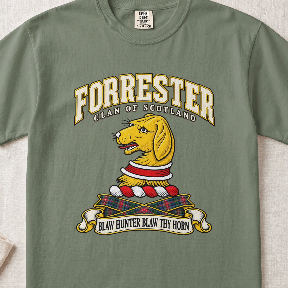 Forrester Scottish clan T-shirt in Moss, front view with a gold hound head with a red and white collar and motto banner.