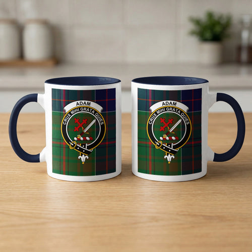 Pair of Adam Scottish family crest 11 oz mugs with navy accents and a tartan background