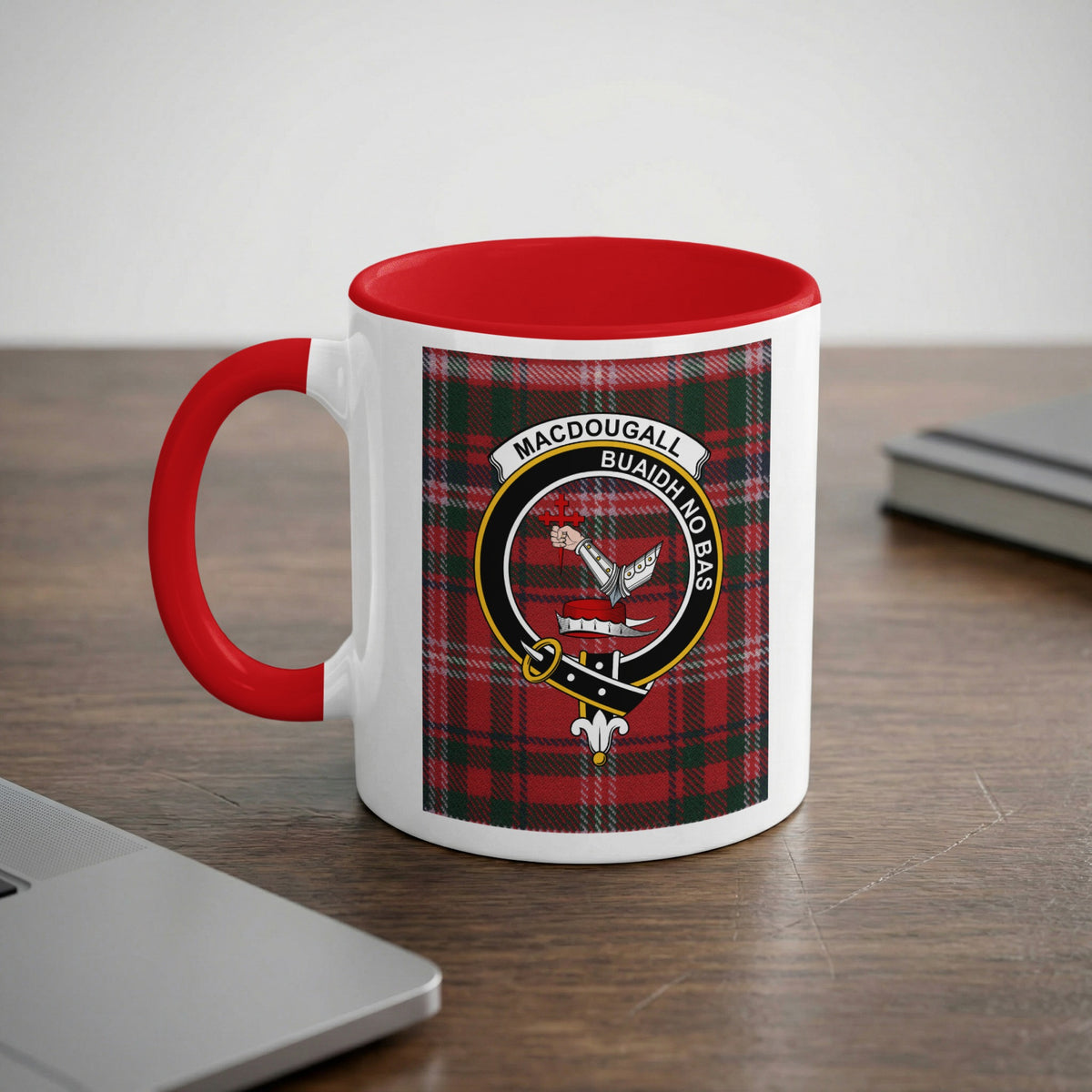 MacDougall Scottish clan crest artwork on an 11 oz red accent mug with a tartan background