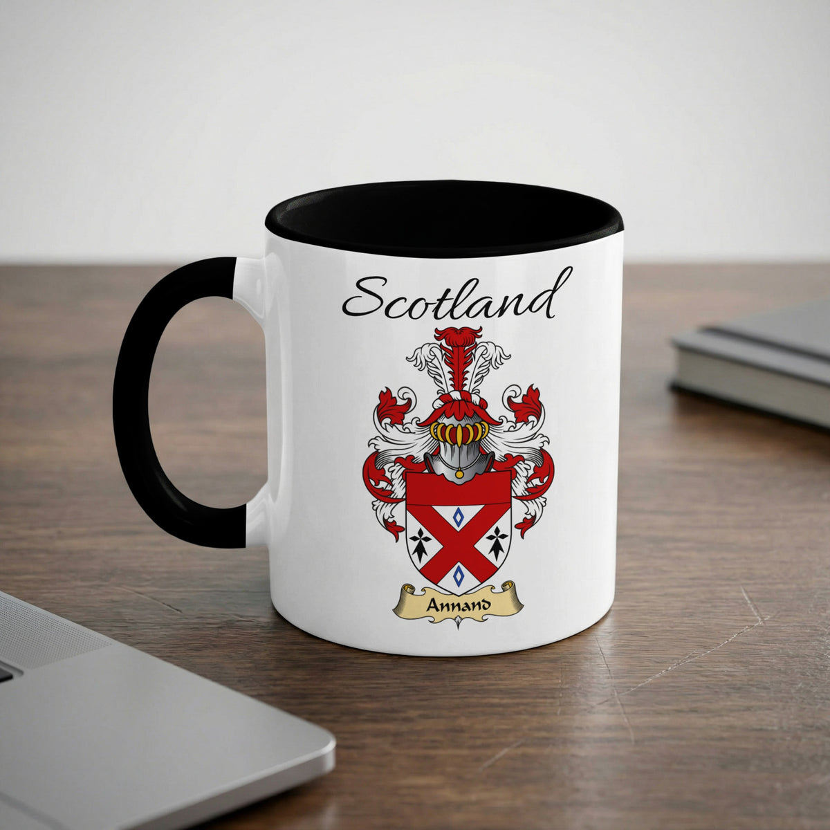Annand Scottish family crest accent mug with Scotland lettering and coat of arms artwork