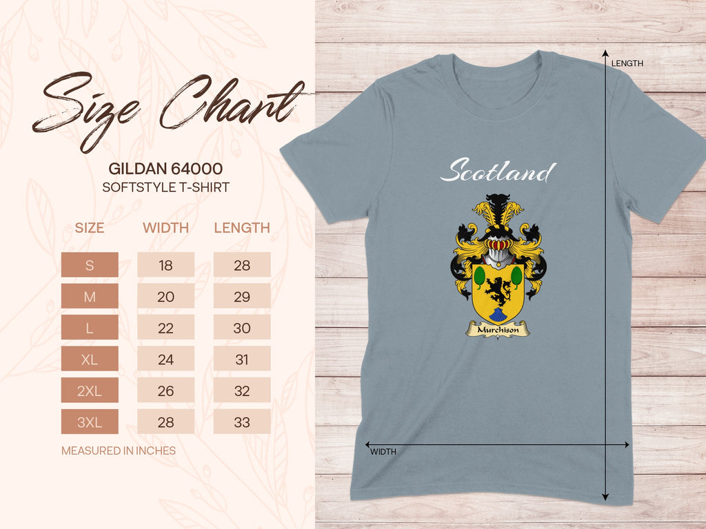 Gildan 64000 size chart for Murchison Scottish family shield T-shirt