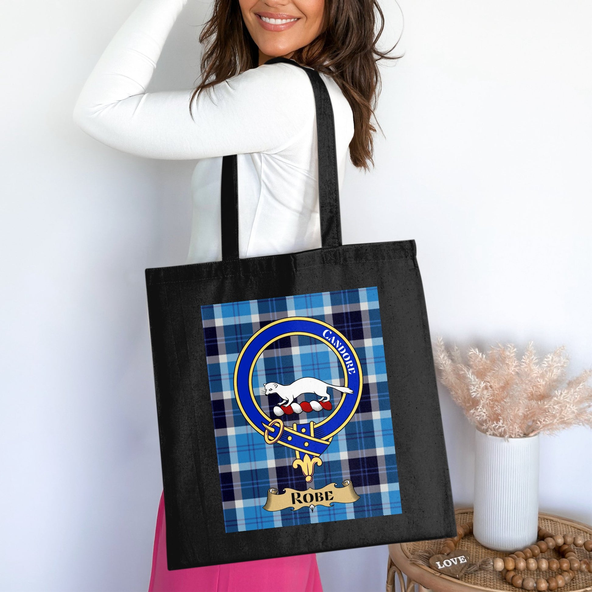 Scottish Clan Crest on Tartan Background Stylish Tote Bag - Living Stone Gifts