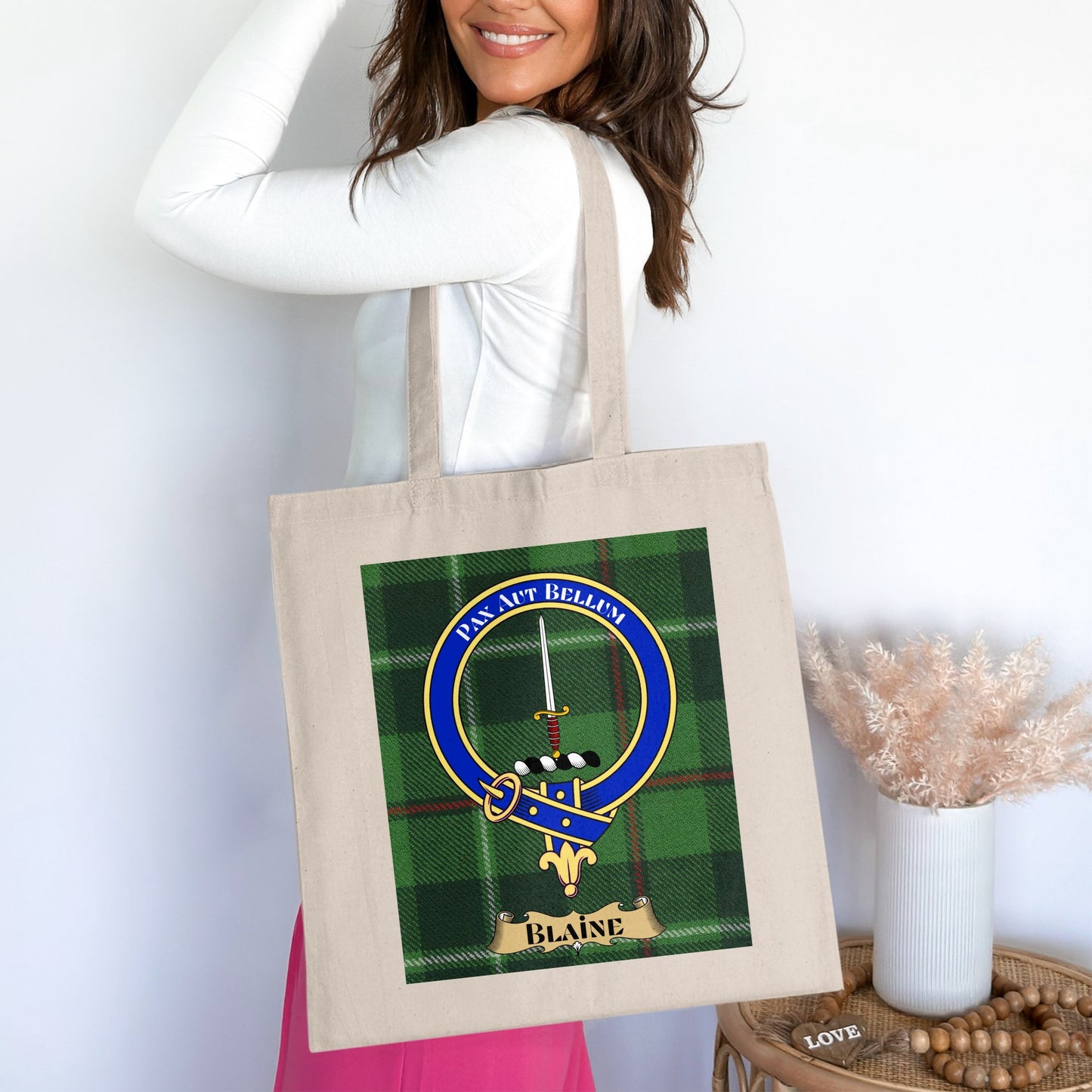 Blaine Clan Crest Scottish Tartan Background Tote Bag - Living Stone Gifts