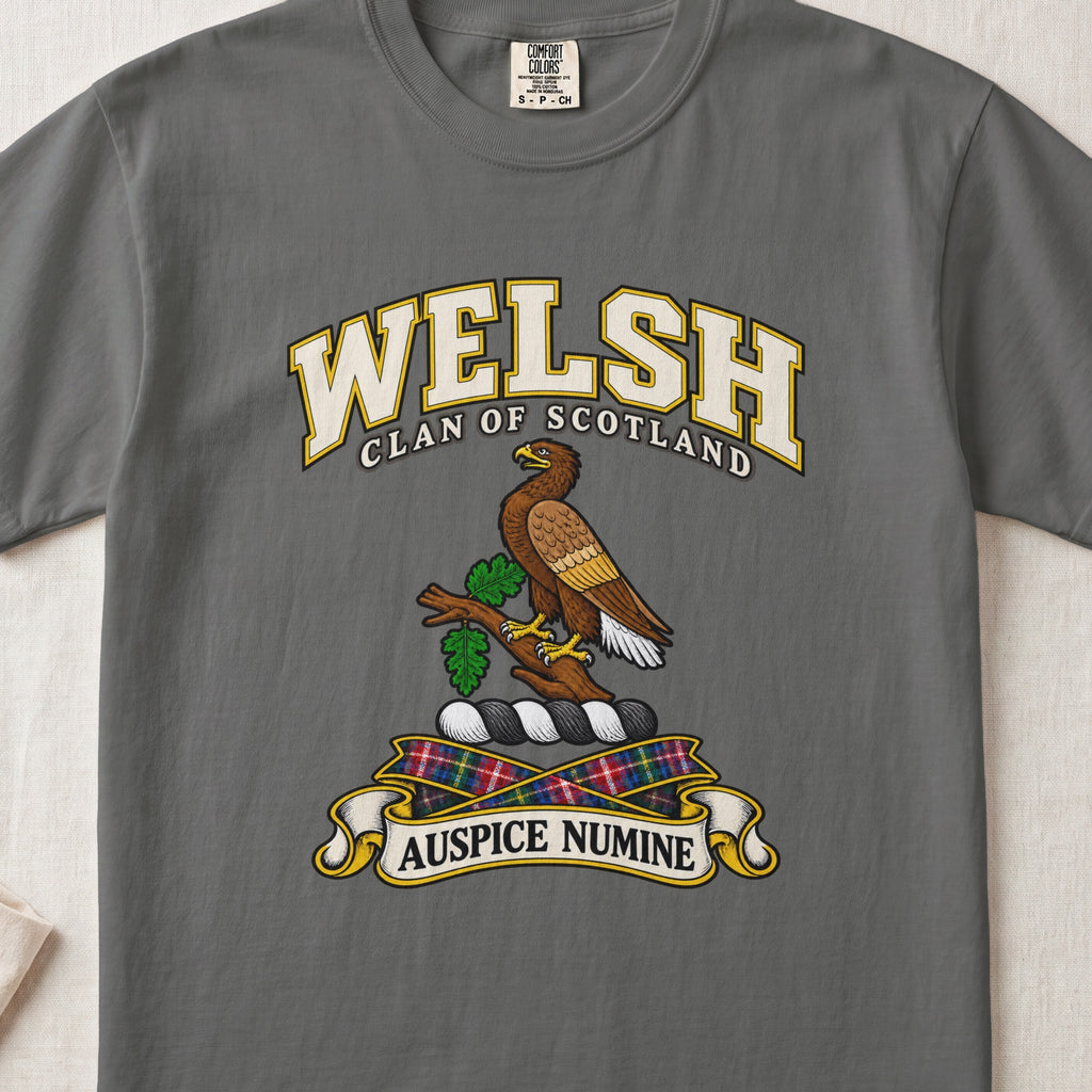 Welsh Scottish clan T-shirt in Pepper, front view with a brown eagle perched on a leafy branch and motto banner.