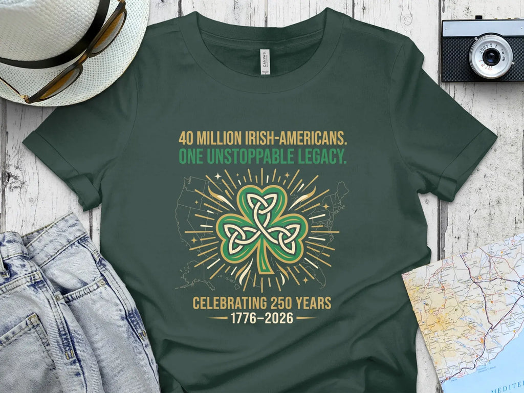 Green t-shirt with shamrock, USA map, and text about Irish-Americans.