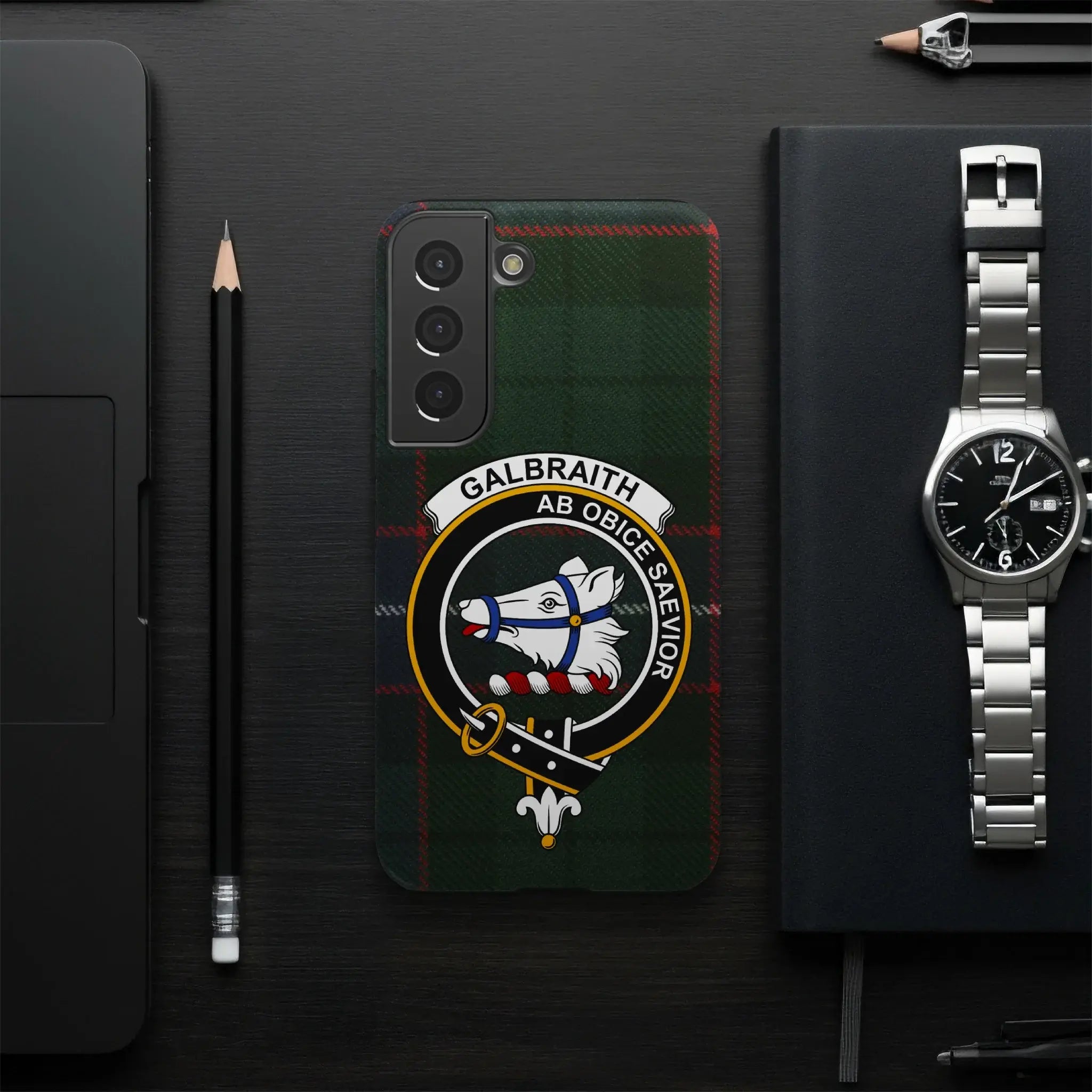 Galbraith clan crest and tartan phone case — Ab Obice Saevior motto visible on glossy case