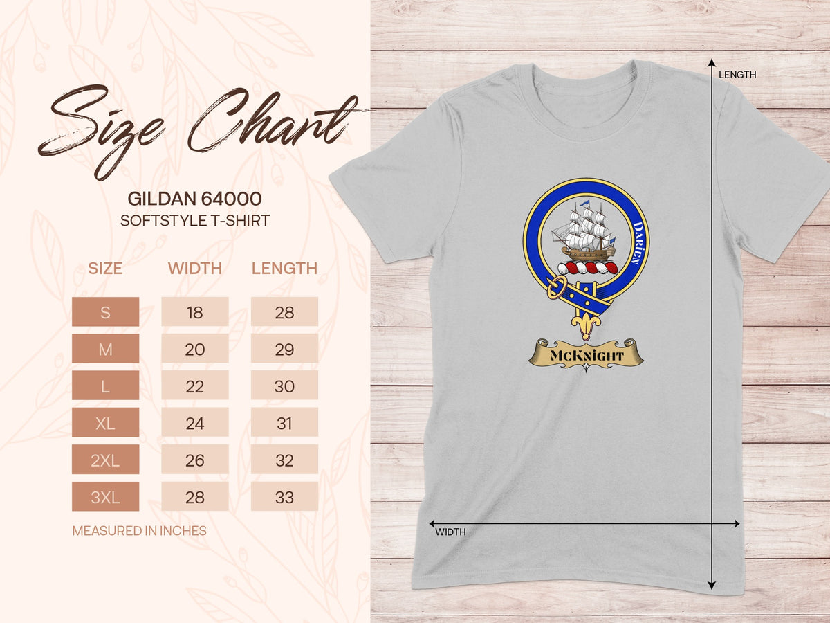 Gildan 64000 size chart for McKnight Scottish clan crest T-shirt