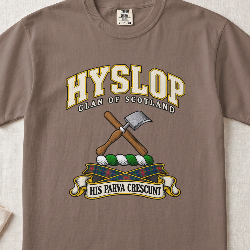 Hyslop Scottish clan T-shirt in Espresso, front view with crossed hand tools, one with a silver blade and motto design.
