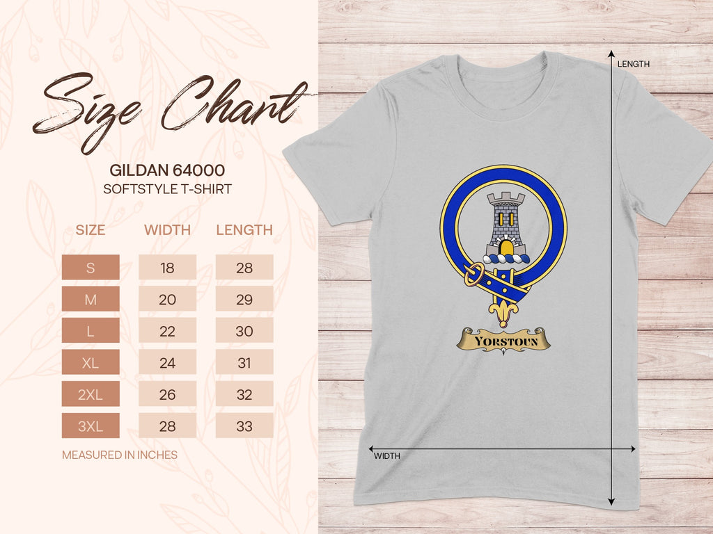 Gildan 64000 size chart for Yorstoun Scottish clan crest T-shirt