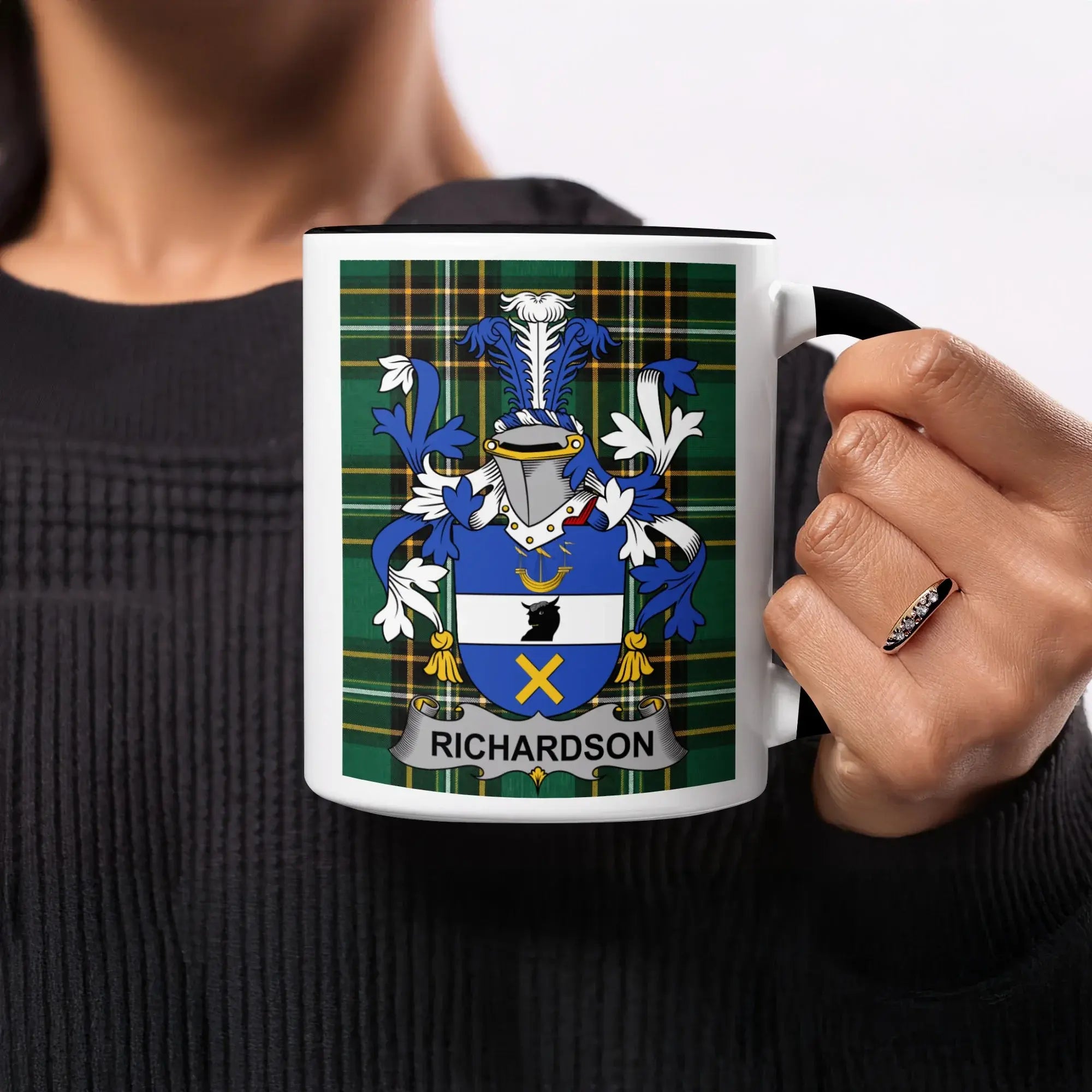 Richardson black accent mug with Irish National Tartan and family crest