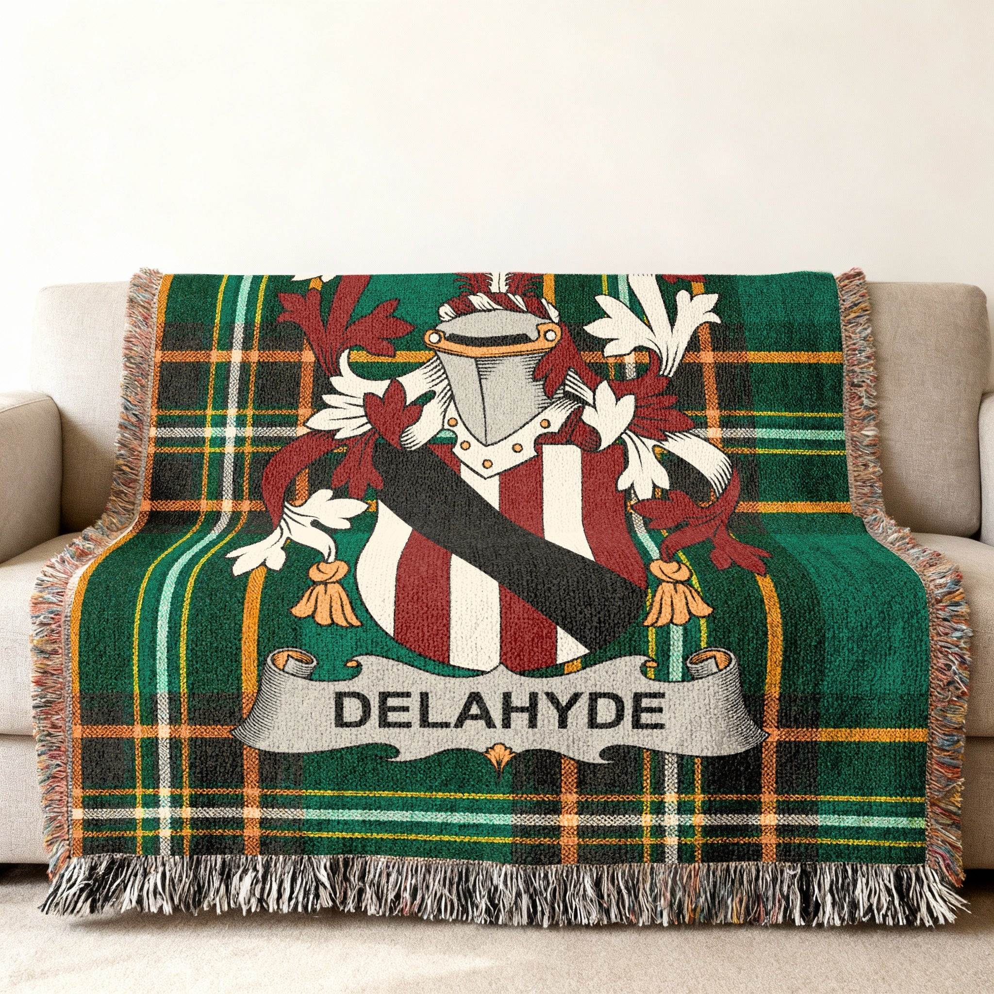 DELAHYDE Family Crest Green Plaid Throw Blanket product type