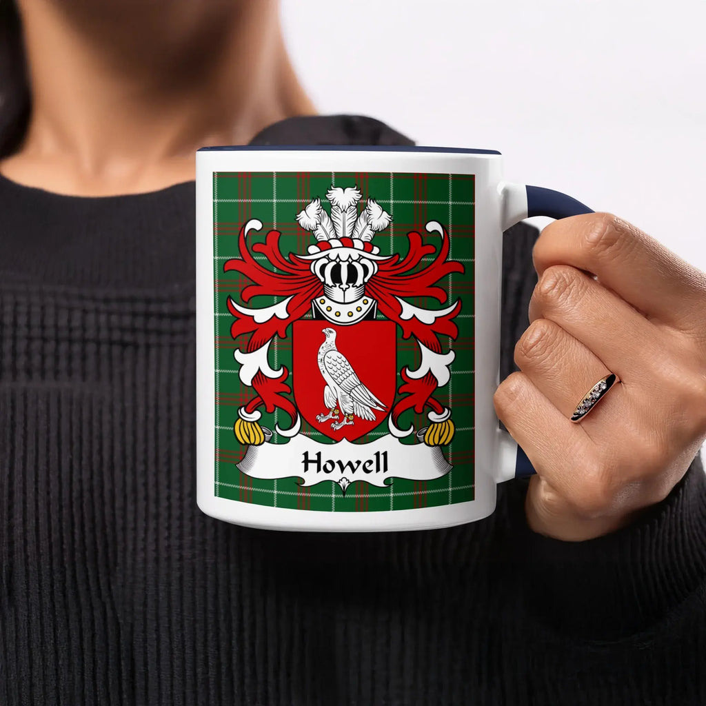 Howell Welsh ancestry gift mug with navy accent and family crest on National Tartan