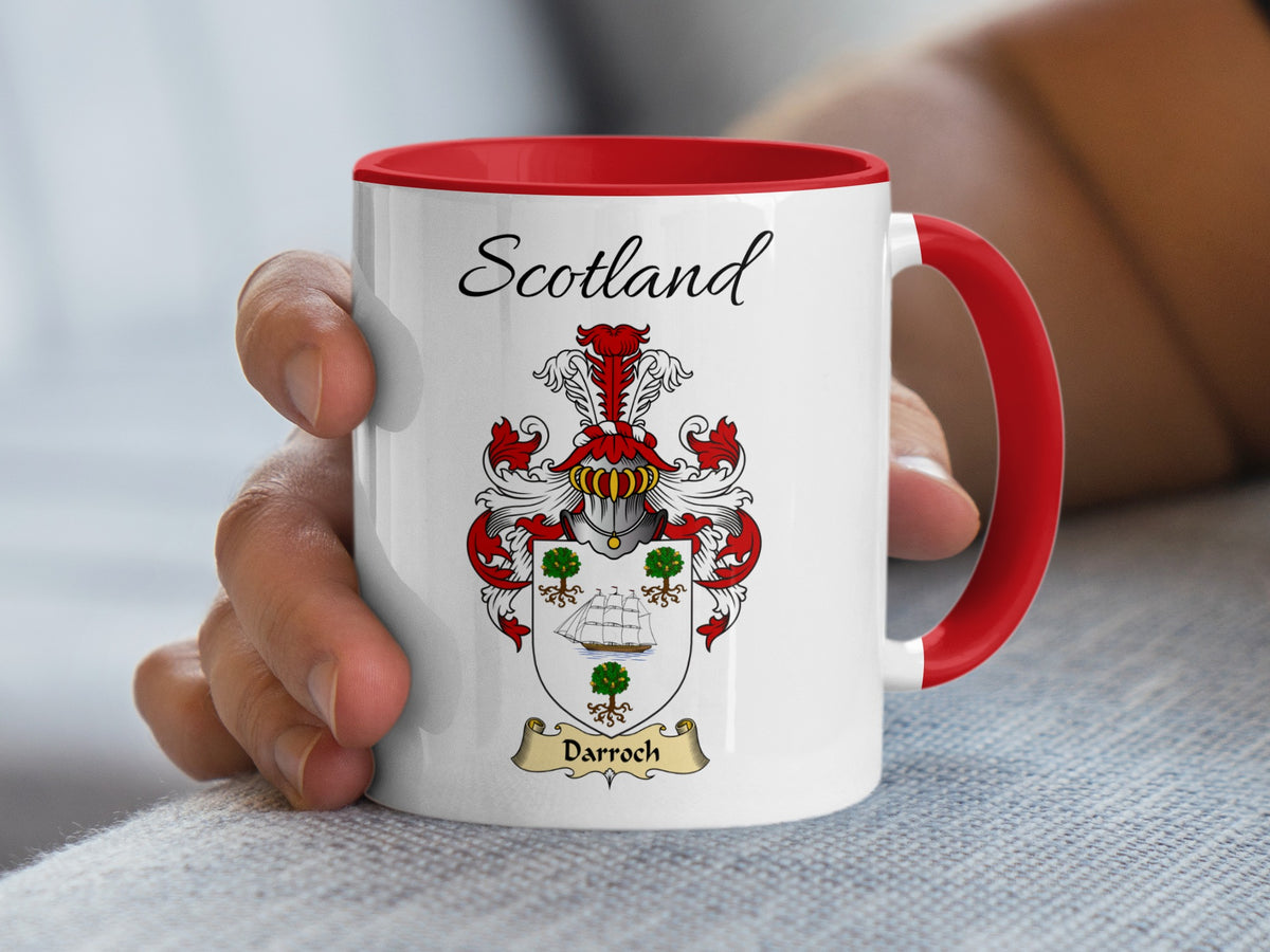 Darroch Scotland coat of arms mug in white ceramic with red handle and interior