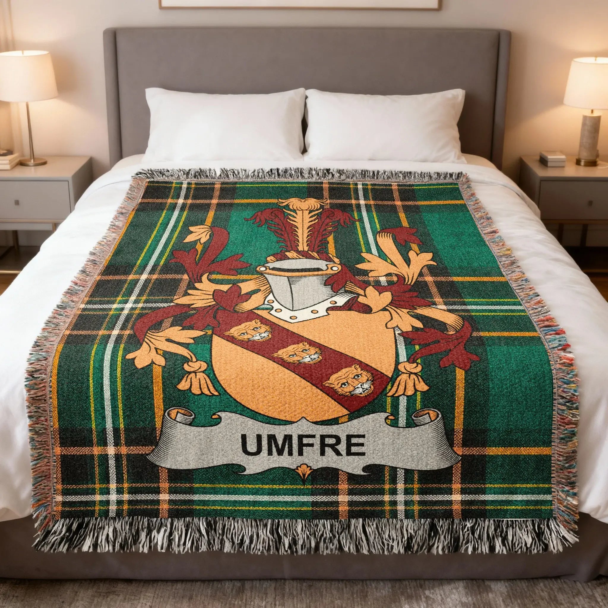 Tartan blanket featuring a coat of arms with "UMFRE" banner.