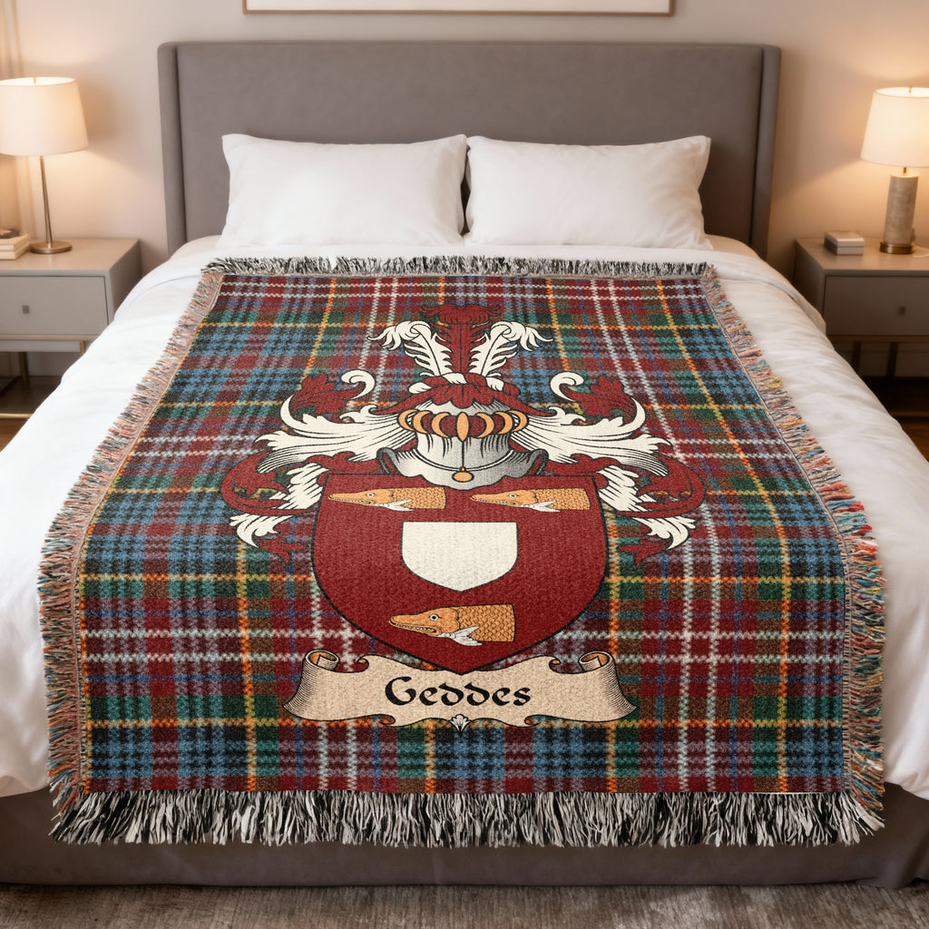Geddes Caledonia tartan heritage woven throw blanket with family shield